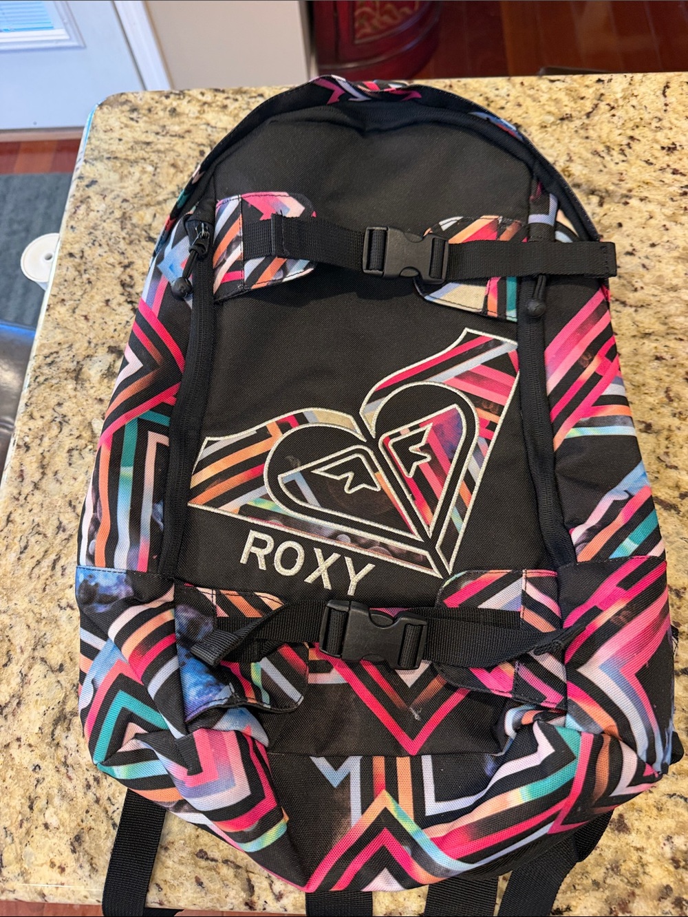 Roxy Black Backpack with Pink, Teal and Orange Geometric Pattern